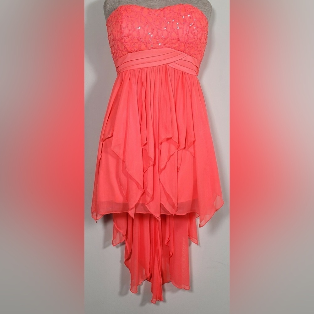 My Michelle Vibrant Coral Strapless Sweetheart formal Sz 13 —see description